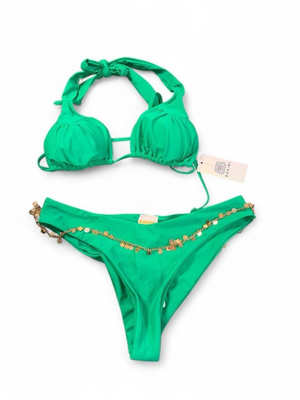 New with tag Green Bahimi bikini set with gold chain detail